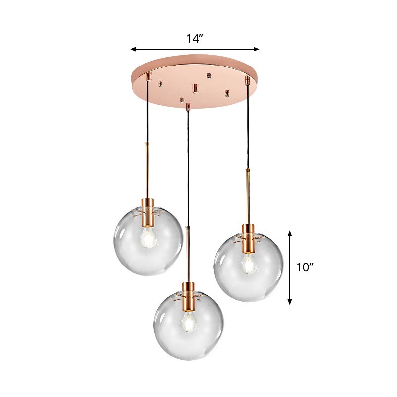 Rose Gold Round Cluster Pendant Light Minimalist 3-Bulb Clear Glass Ceiling Hang Fixture