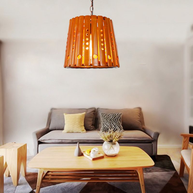 Barrel Pendant Light Fixture Modern Wood 1 Light Dining Room Hanging Light in Brown
