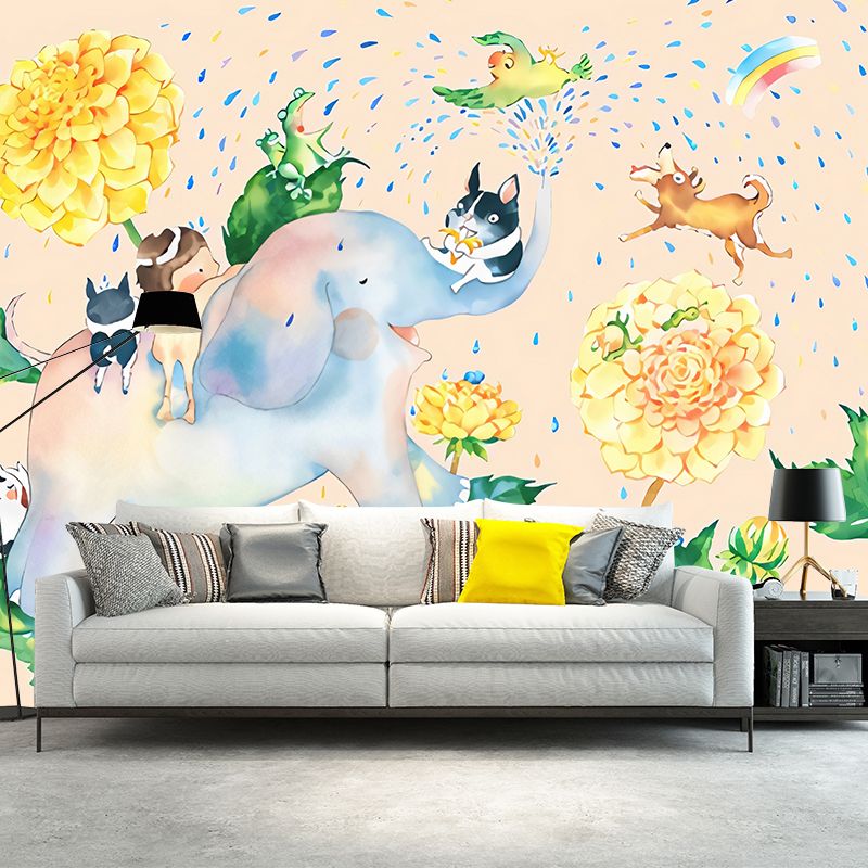 Cartoon Elephant Shower Mural Decal Pastel-Color Kids Bedroom Wall Decoration, Optional Size