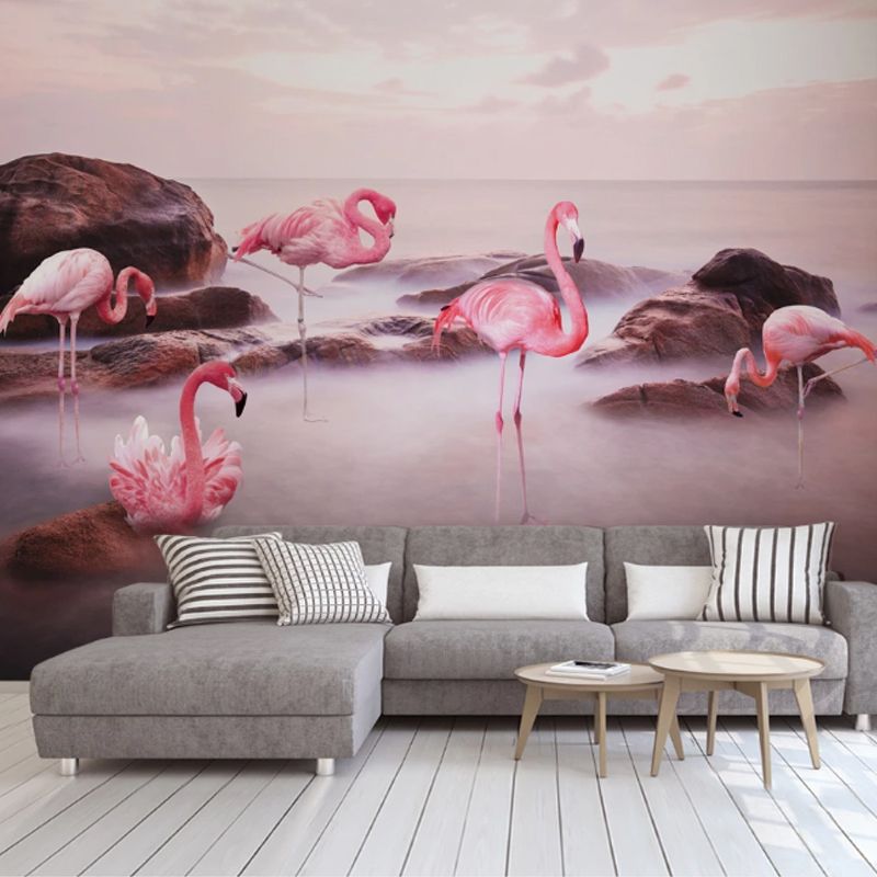 Stain-Resistant Flamingo Wall Art Non-Woven Fabric Minimalist Mural for Gallery