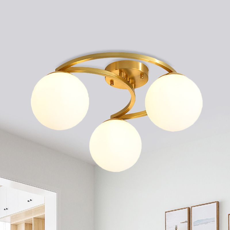 Modern Ball Milk Glass Flush Light 3/6 Heads Close to Ceiling Lamp with Crescent Canopy in Brass
