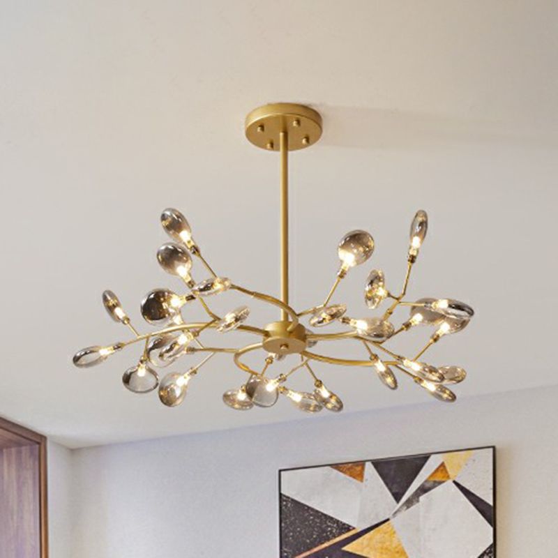 Postmodern Style 30-Light Chandelier Brass Firefly Hanging Light with Acrylic Shade