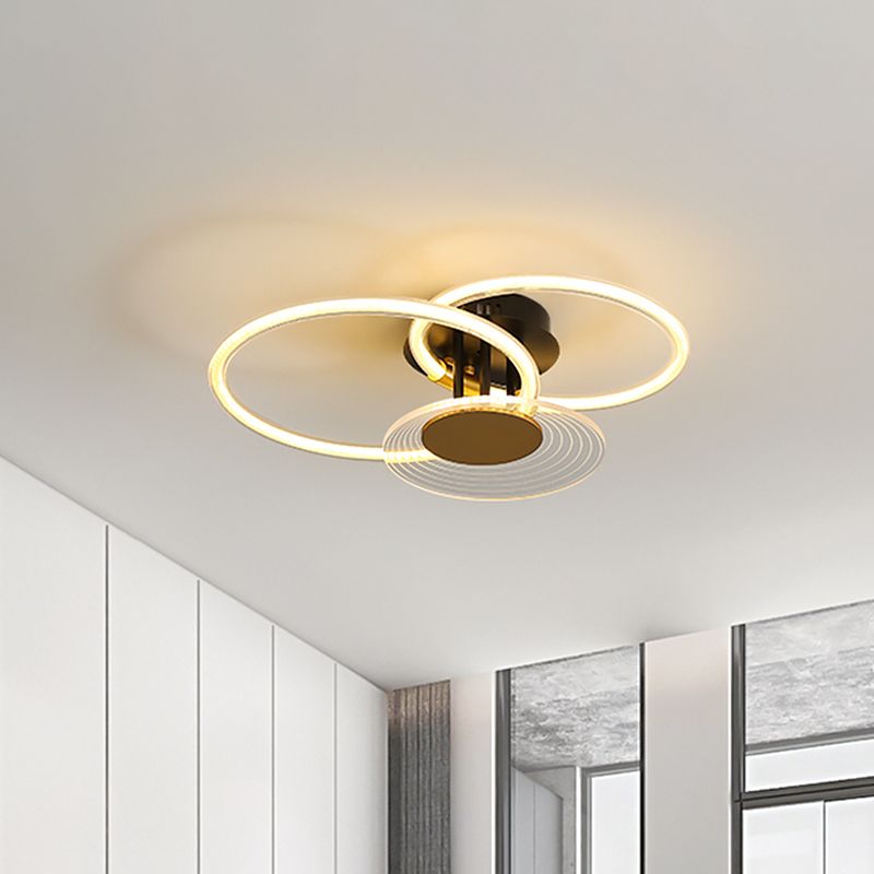 Hoops Acrylic Ceiling Mounted Fixture Contemporary 3/4 Heads Black Semi Flush Light for Restaurant