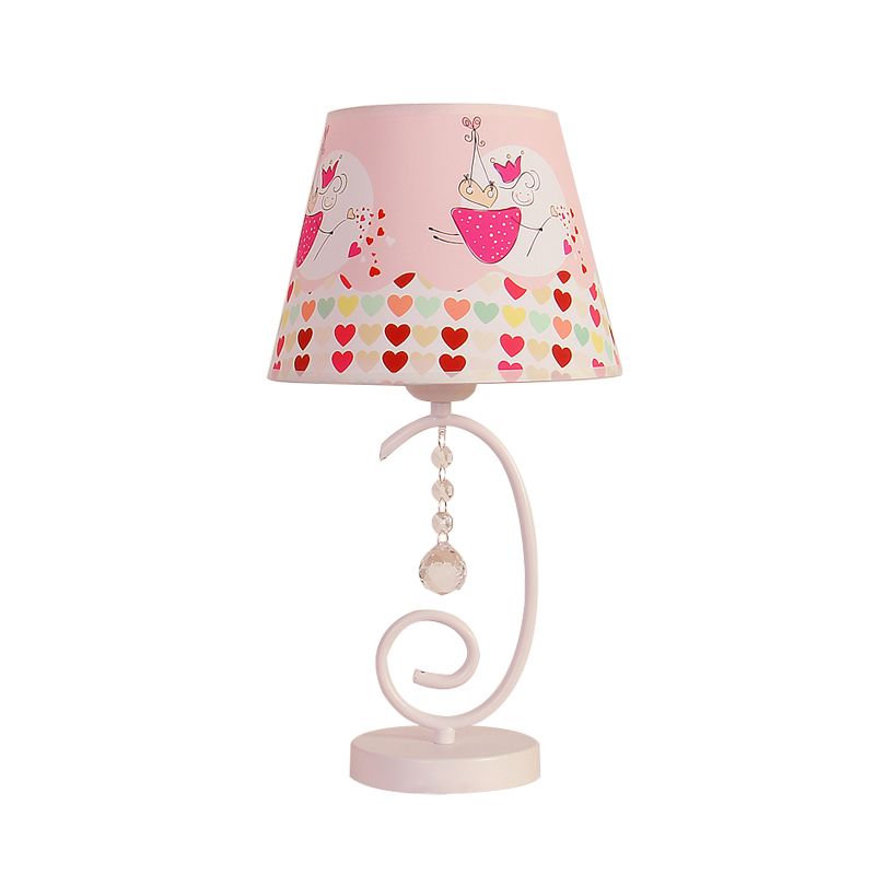 Barrel Bedroom Table Light Fabric 1 Bulb Cartoon Night Lamp in White with Crystal Drop and Sheep/Loving Heart/Elephant Pattern