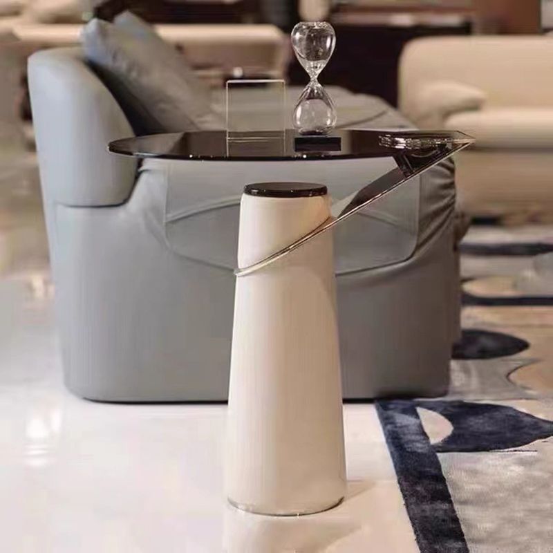Round Glass Top Side Table 23.62" Tall Leather Pedestal End Table