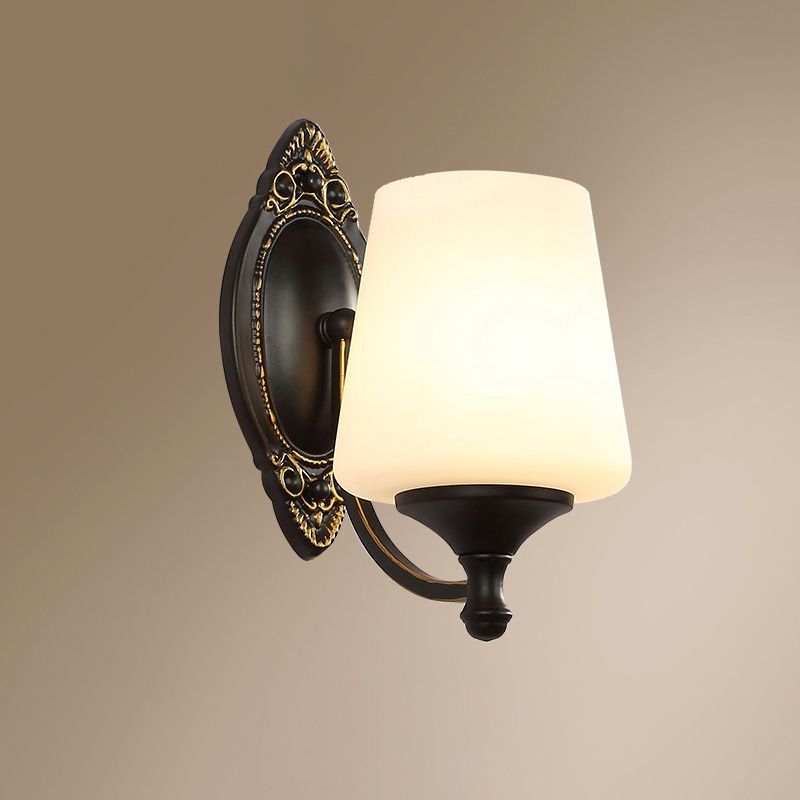 Frosted White Glass Cone Wall Light Vintage Living Room Sconce Lighting in Black