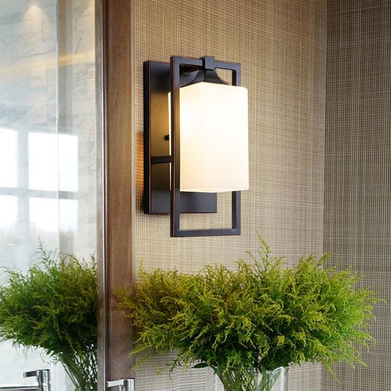Retro Metal Wall Light Black 1 Light Wall Sconce with White Glass for Living Room