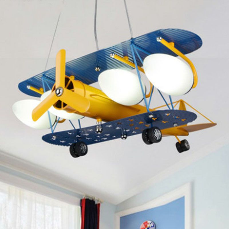 Jet Plane LED Suspension Light Kids Style Metallic Yellow Chandelier Lighting Fixture