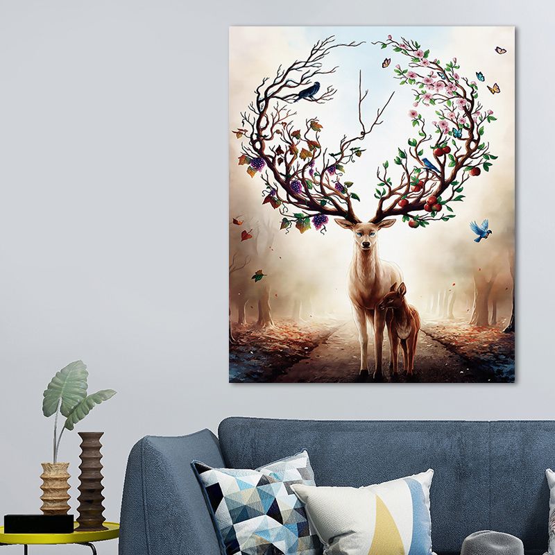 Elk Canvas Print Mediterranean Textured Wall Art Decor in Brown for Children Bedroom