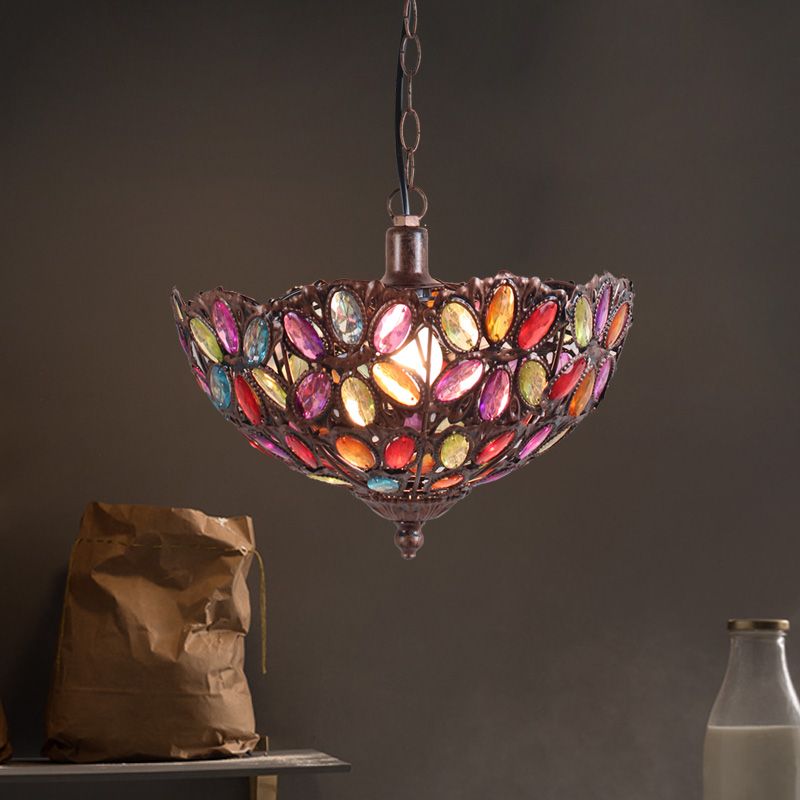 Rust Bowl Shape Hanging Light Bohemian Metal 1 Bulb Restaurant Pendant Lighting Fixture