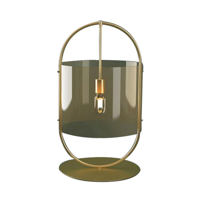 Lampada da comodino in vetro marrone chiaro a 1 testa con illuminazione da scrivania a cilindro dorato e anello ovale
