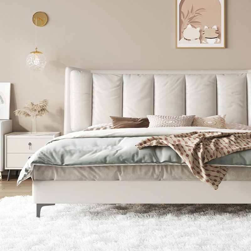 Modern White Panel Bed Wood and Upholstered Bed Frame, 42.5" Tall