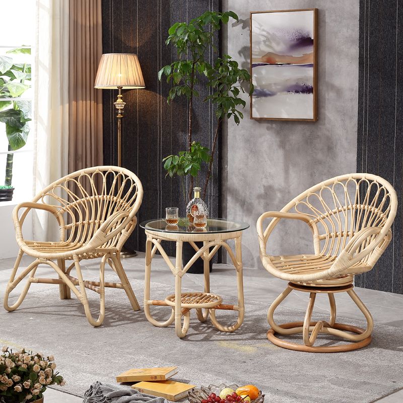 Contemporary Round Dining Table Set 1/3 Pcs Light Wood Finish Outdoor Dining Set