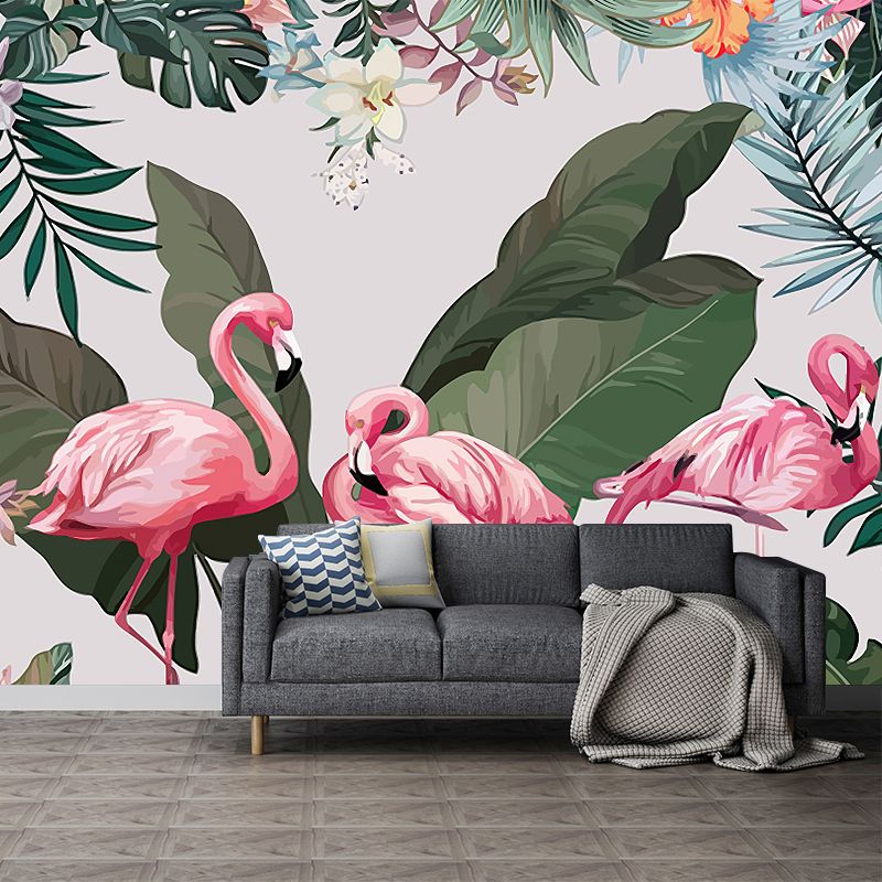 Tropical Flamingo Wall Murals Pink and Green Plants Wall Covering for Bedroom Decor