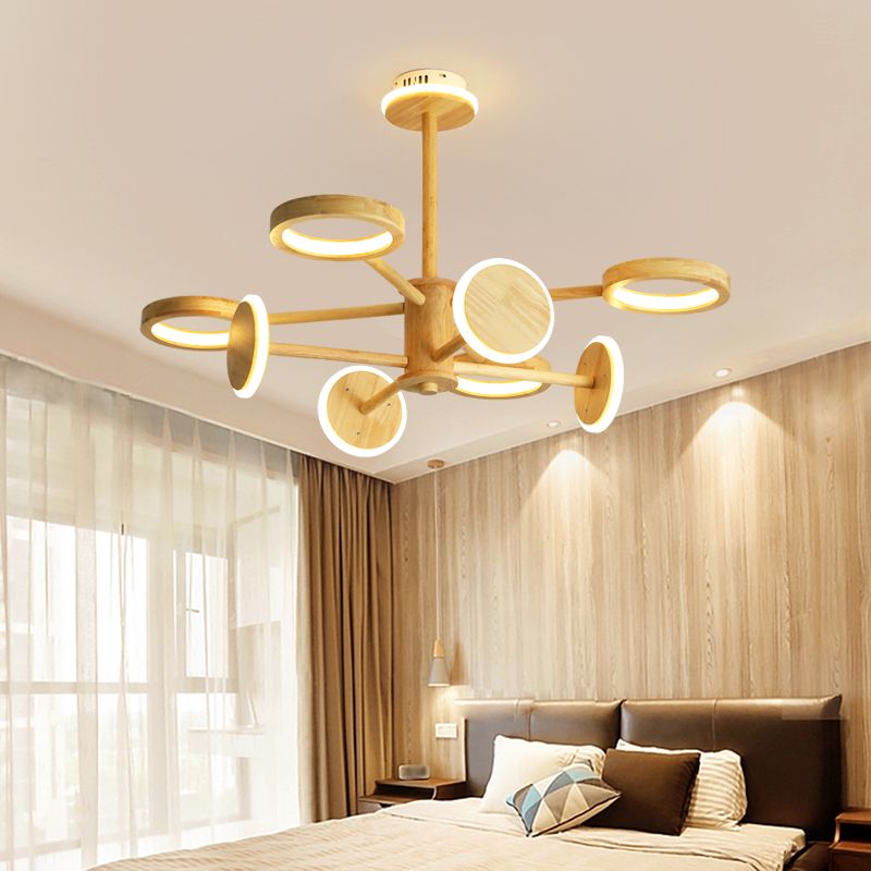 Japanese Radial Chandelier Light Wooden Living Room LED Hanging Light Fixture in Beige