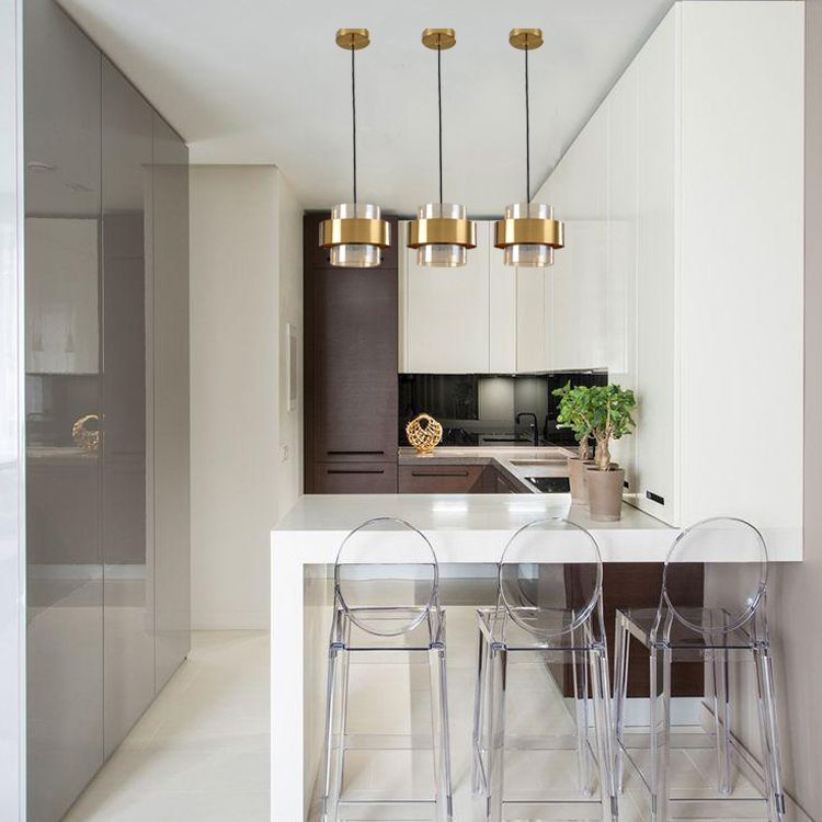 Modern Artistic Cylindrical Pendant Light Electroplate Metal Hanging Lamp with Glass Shade