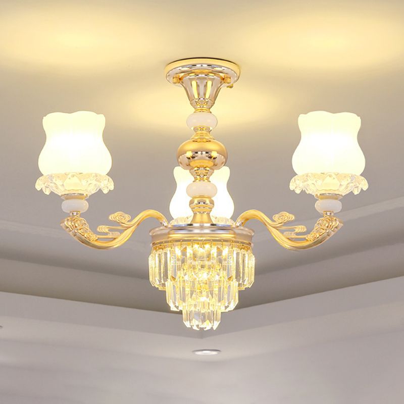 Gold Chandelier Light Retro Opal Glass Bud Pendant Light Fixture with Tiered Crystal Decor