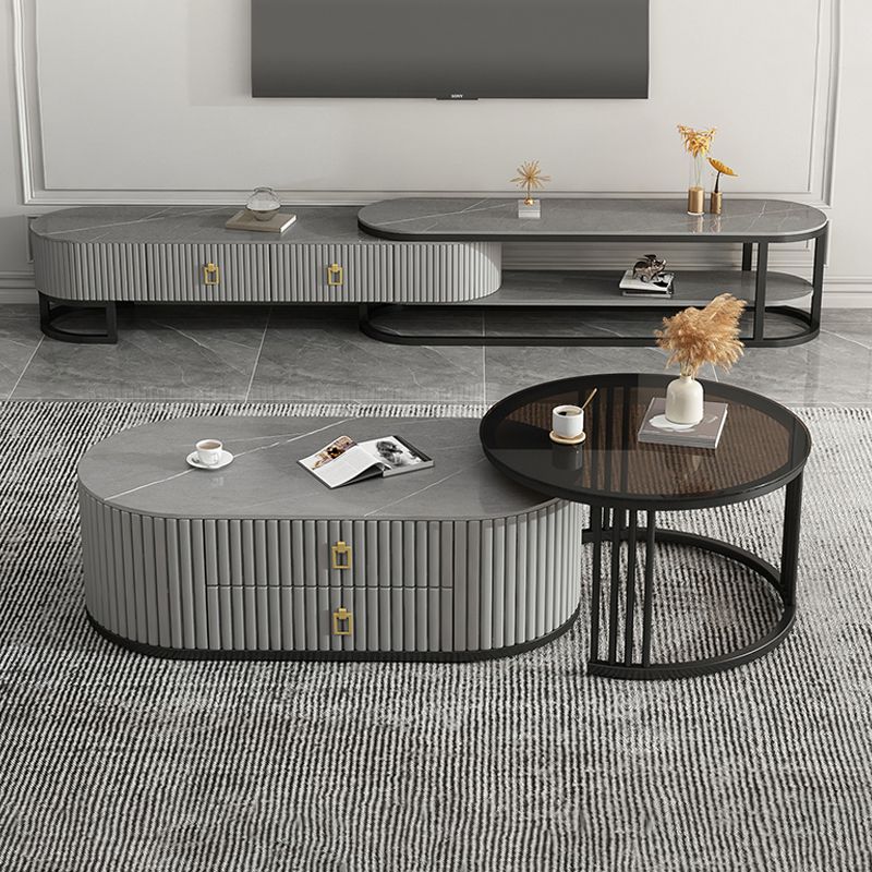 Round Coffee Table Slate Frame Nesting Coffee Table Set with 2 Drawers