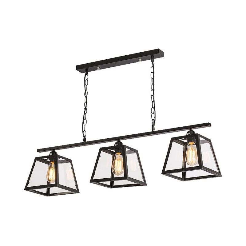 Black Pyramid Island Light Fixture Industrial Metal 3-Bulb Kitchen Hanging Lamp with Glass Panel