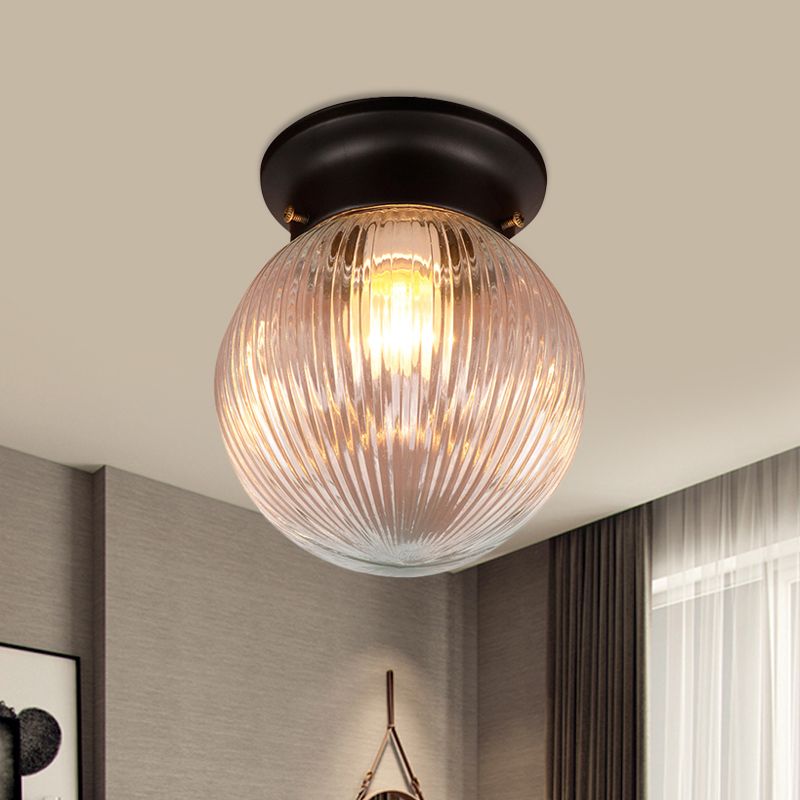 One Light Globe Flush Mount Black/Clear Industrial Ribbed/Opal/Prismatic Glass Lighting Fixture, 6"/6.5" Wide