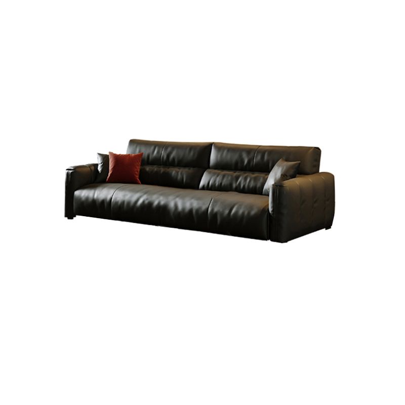 Black Genuine Leather Sofa Mid-Century Modern Square Arm Sofa