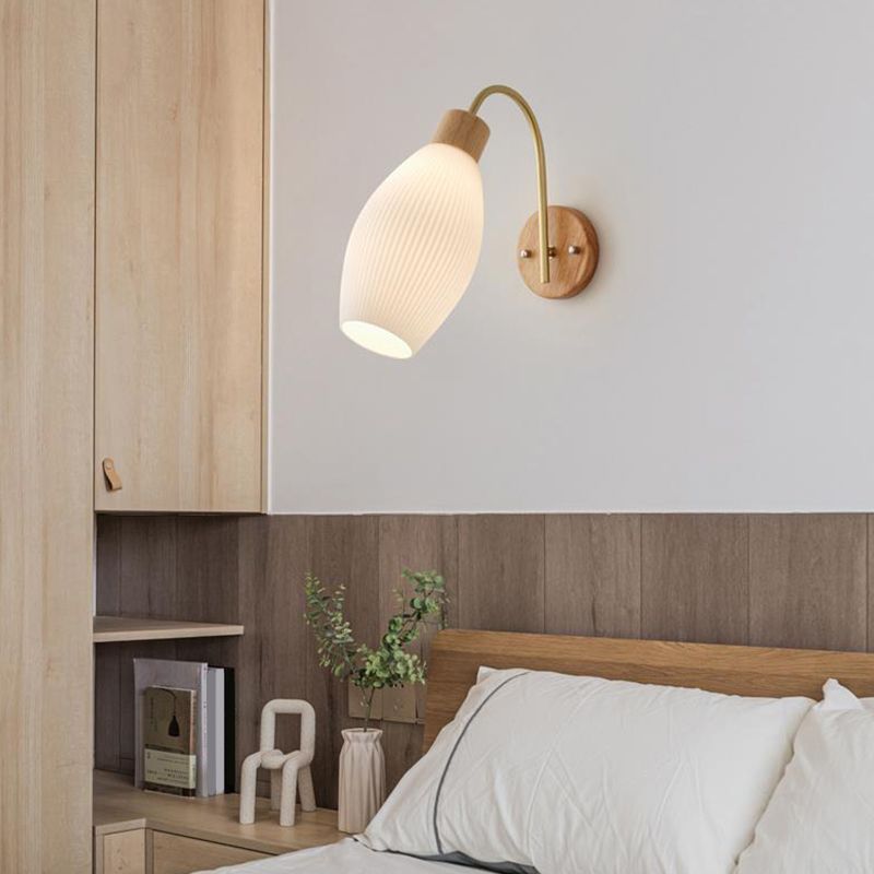 Single Modernism Beige Wall Mounted Sconce Shaded Wall Light with Wood