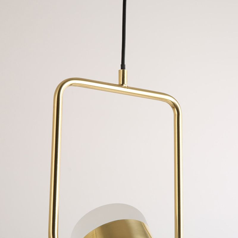 Square Frame Pendant Ceiling Light Modern Metal 1 Head Gold Hanging Light Kit with Cylinder White Glass Shade