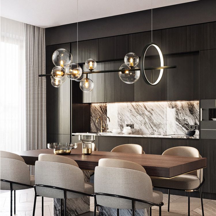 Modern Minimalism Black Linear Island Pendant Lighting Sphere Glass Island Ceiling Light for Living Room