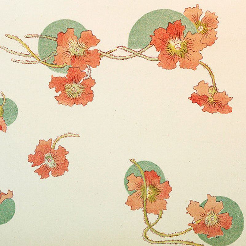 Orange Floral Printed Mural Decal Stain Resistant Contemporary Bathroom Wall Covering