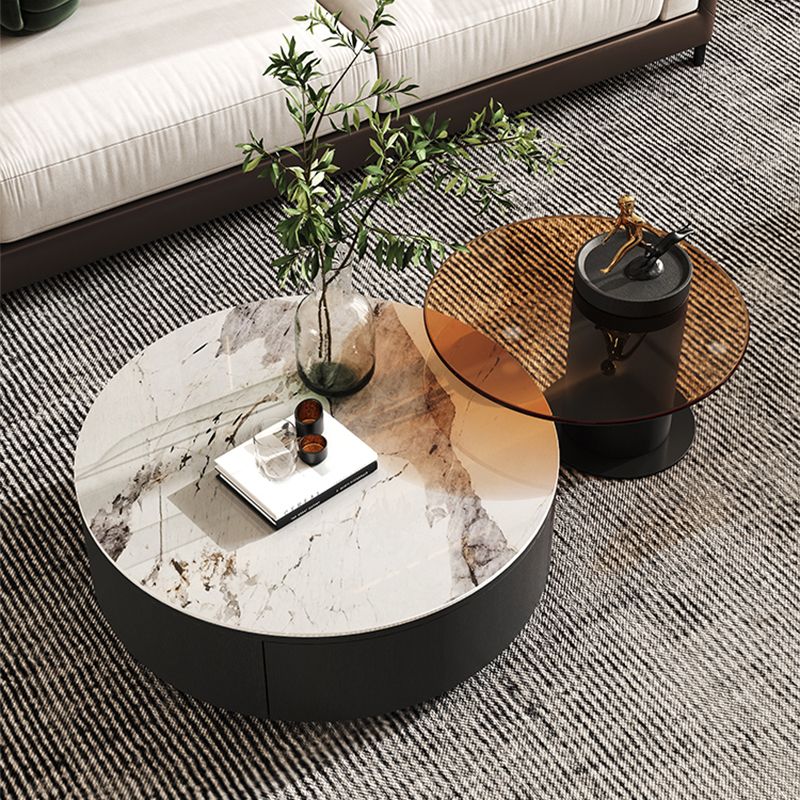 Modern Slate Coffee Table Round Bunching Coffee Table Set with Drawer