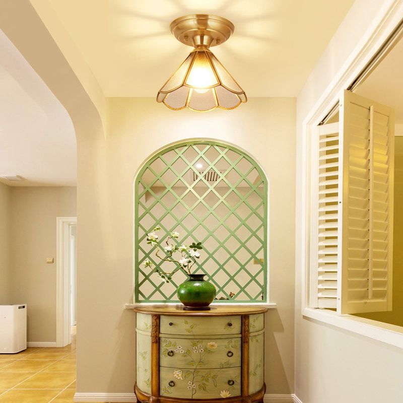 Glass Tapered Semi Flush Mount Minimalism Single-Bulb Corridor Flush Mount Ceiling Light in Gold