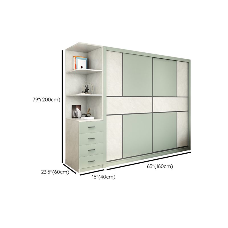 Green and White Bedroom Storage Cabinet Modern Sliding Door Cabinet with Drawers