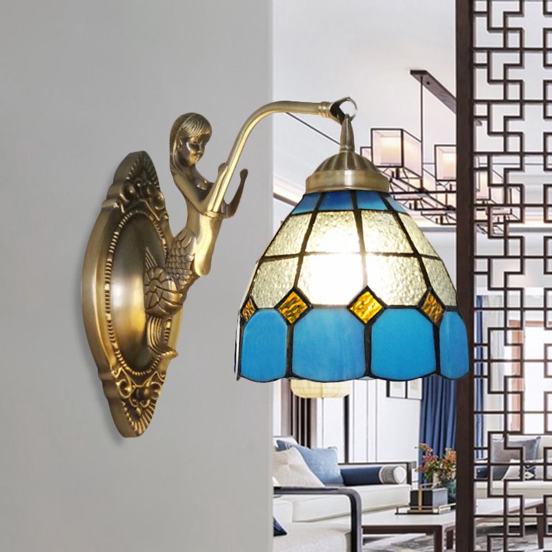 1 Bulb Living Room Wall Mounted Light Baroque Bronze Mermaid Wall Lamp with Grid Dome Dark/Sky Blue and White Glass Shade