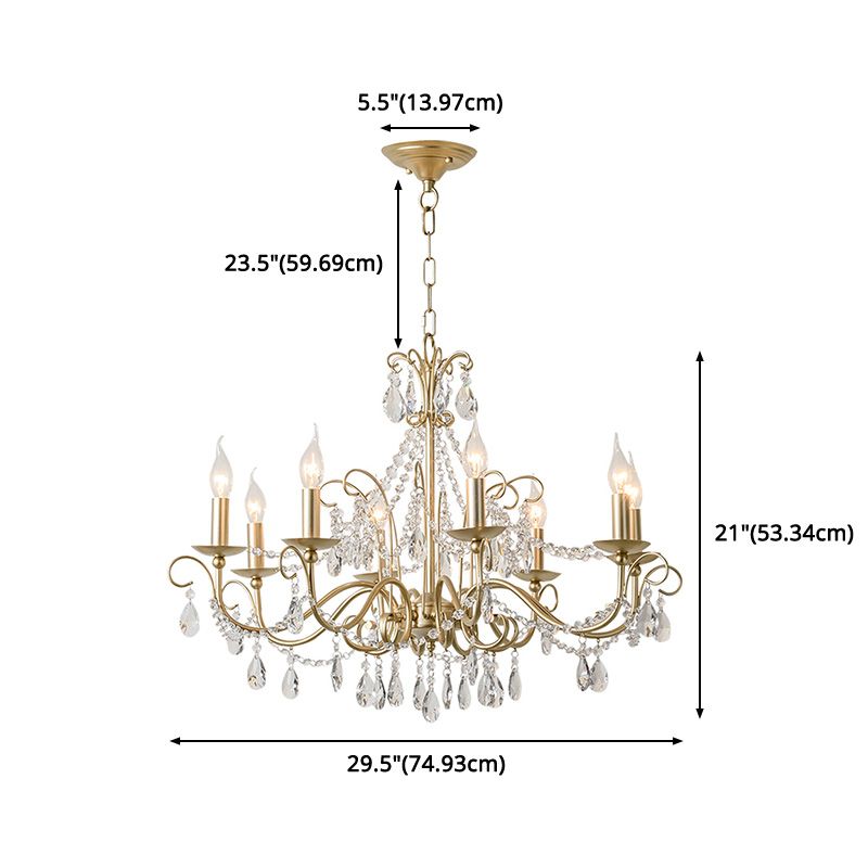 Frosted Gold French Style Chandelier Light with Candlestick Metal Multi Light Pendant with Clear Crystal