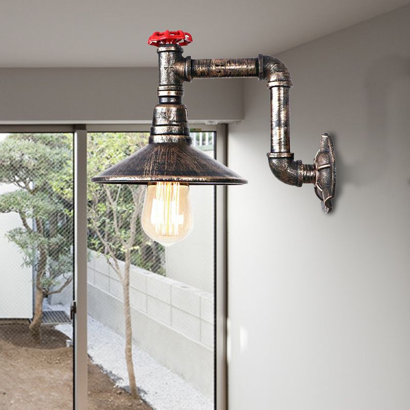 Wrought Iron Water Pipe Wall Lamp with Saucer Shade Retro Vintage 1 Light Balcony Wall Sconce Lighting in Aged Bronze
