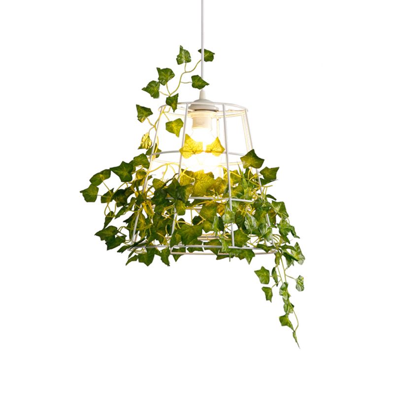 1 Head Metallic Pendant Lamp Farmhouse White Conic Cage Ceiling Hang Fixture with Artificial Plant Deco