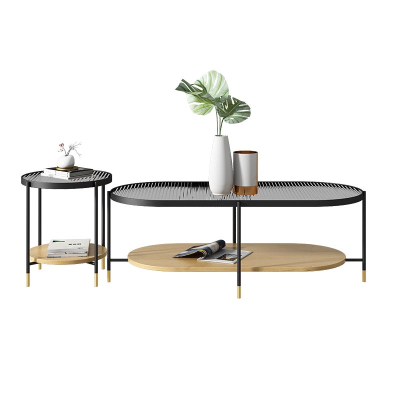 Modern Iron 4 Legs Coffee Table with Shelf Round Cocktail Table in Natural