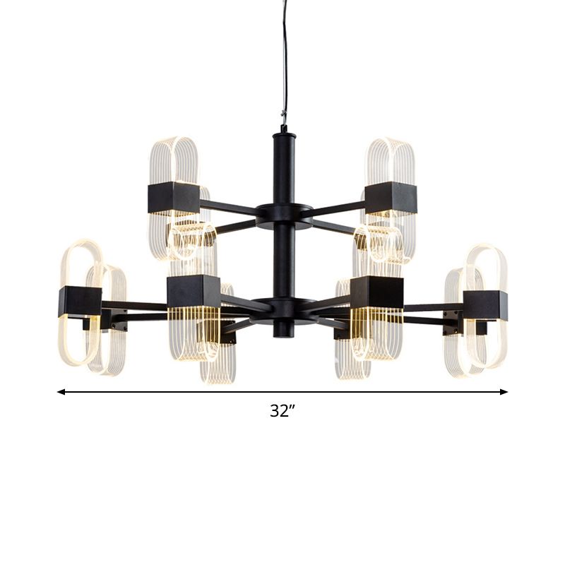 Modern Oval Chandelier Light Acrylic 6/8/12 Heads Living Room Hanging Lamp with Black Rod in Warm/White Light