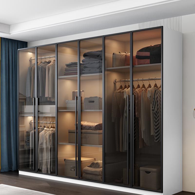 Modern Style Hinged Door Wardrobe for Bedroom Grey Cabinet with Glass Doors