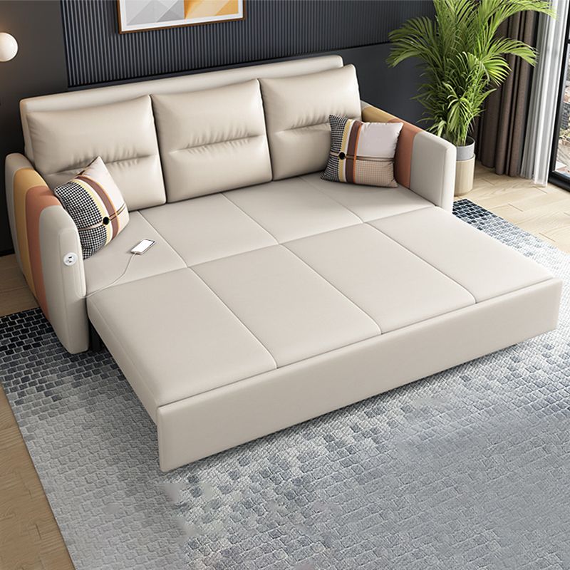 Faux Leather Sofa Stain Resistant Sewn Pillow Back Sofa Bed in Light Brown