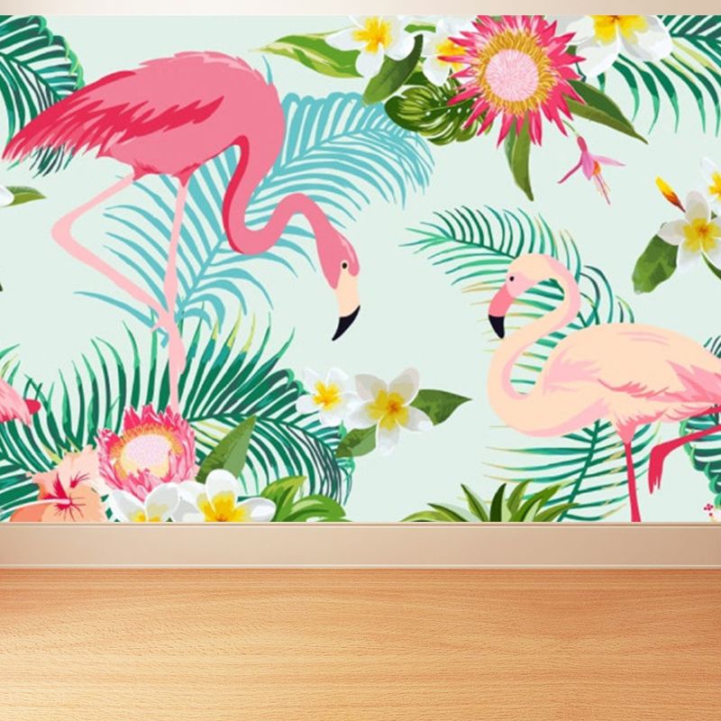 Standing Flamingos Mural Wallpaper for Dining Room, Green, Custom Size Available