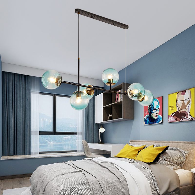 Industrial 6-Light Island Pendant with Amber/Milky White/Gradient Blue Glass Shade Brass Ball Ceiling Light with Adjustable Cord