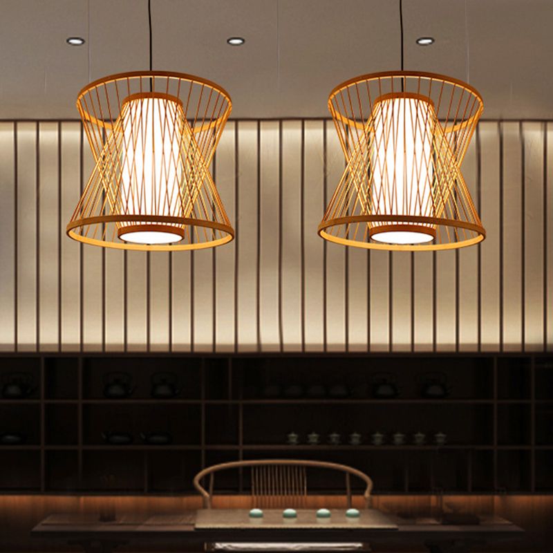 Wood Hourglass Shaded Suspension Light Simplicity 1-Light Bamboo Pendant Light Fixture