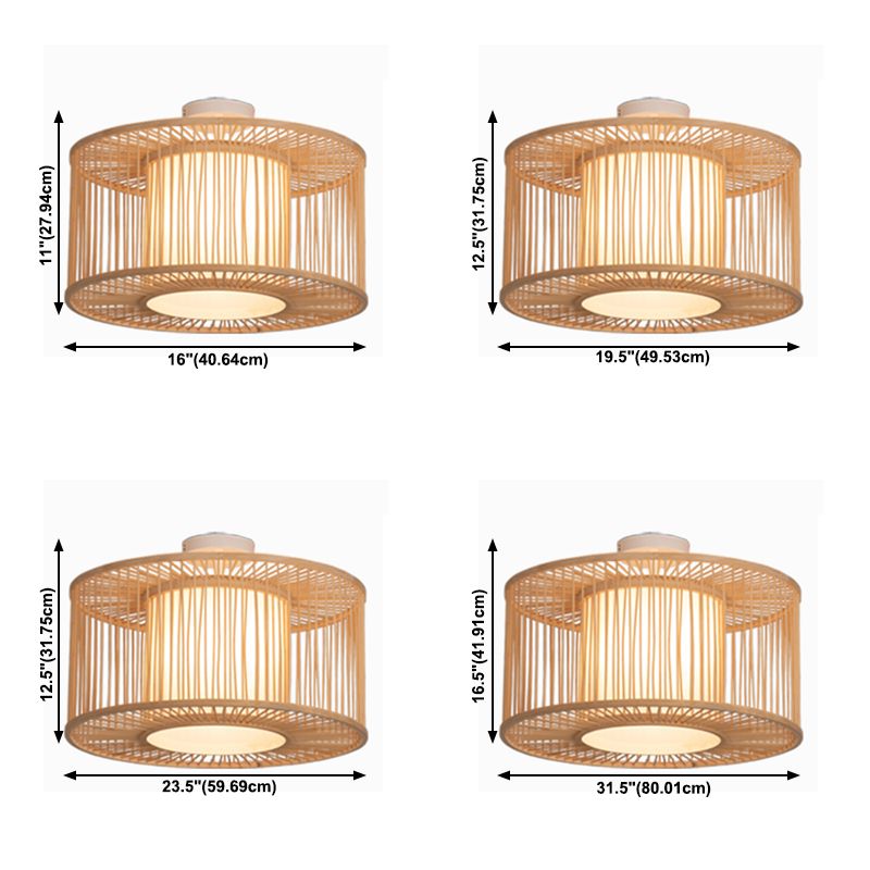 Beige Cylindrical Ceiling Mounted Light Asia Style Bamboo Bedroom Ceiling Lighting