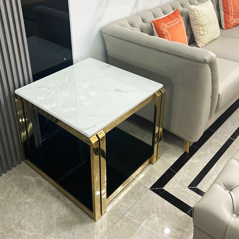 Square Stainless Steel Block End Table Modern Marble Top Corner Table Storage Side Table