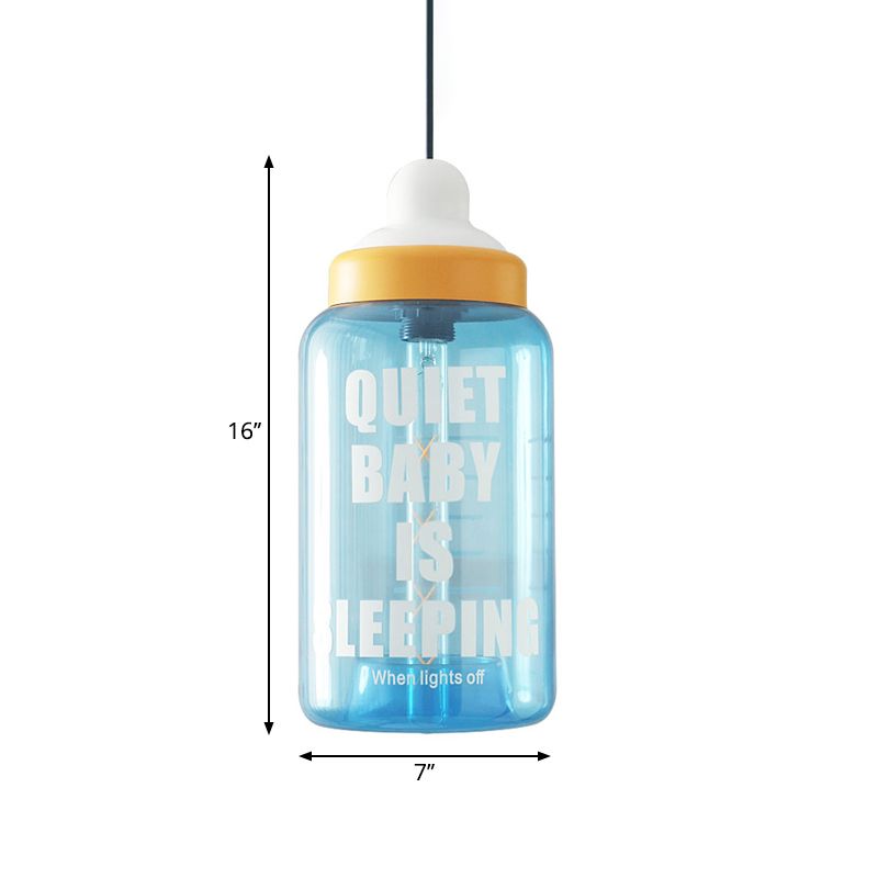 Kids Style Milk Bottle Drop Pendant Blue Glass 1-Head Baby Room Hanging Ceiling Light