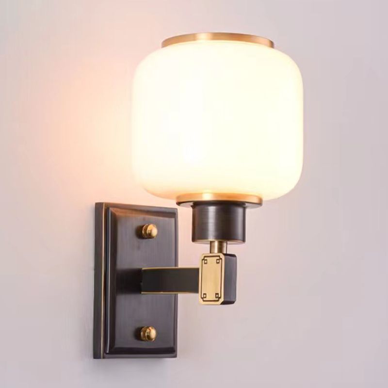 Modern Metal Wall Sconce Lantern Shape Wall Light with Glass Shade for Bedroom
