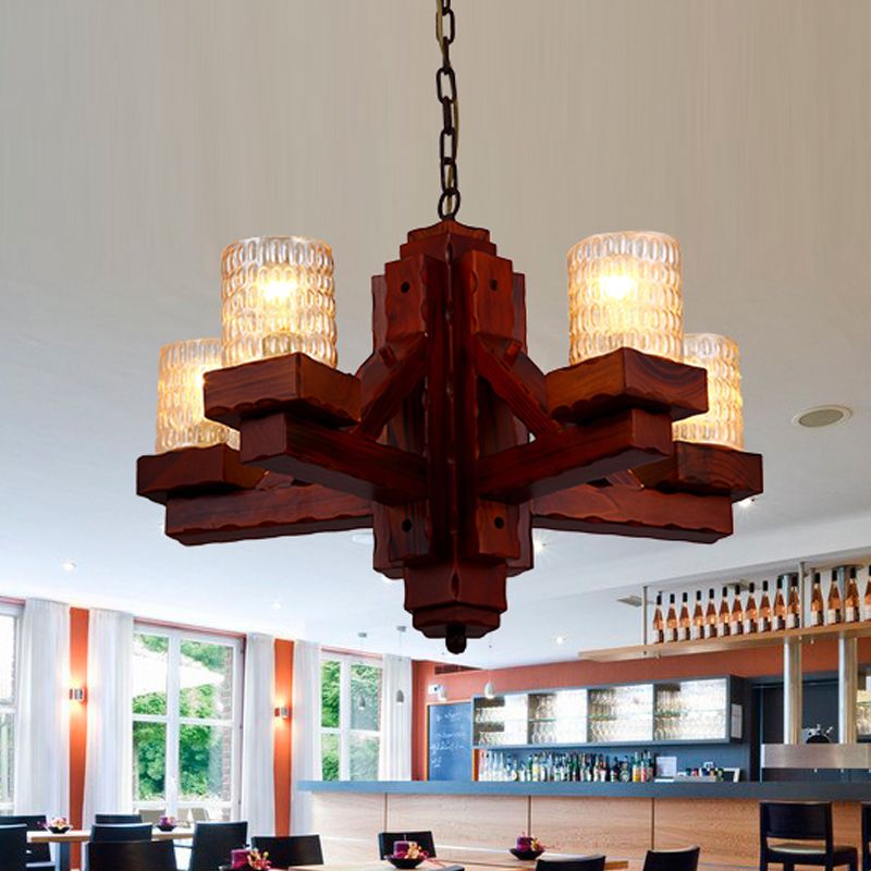 Marrone 5 teste lampadario soffitto rurale rurale glassple glassista a sospensione lampada a sospensione con braccio in legno