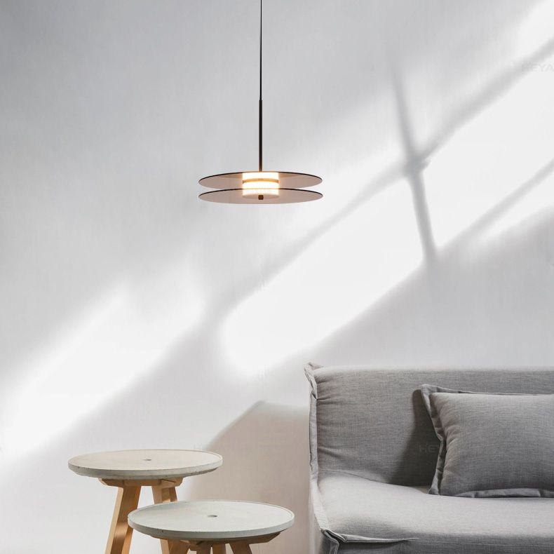 Modern One Head Hanging Light Brown Glass Disk Contemporary Down Lighting Pendant for Dinning Room