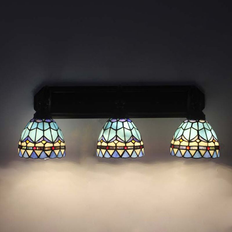 3 Heads Bowl Wall Mount Light Baroque Style Stained Glass Bathroom Vanity Light in Black Finish